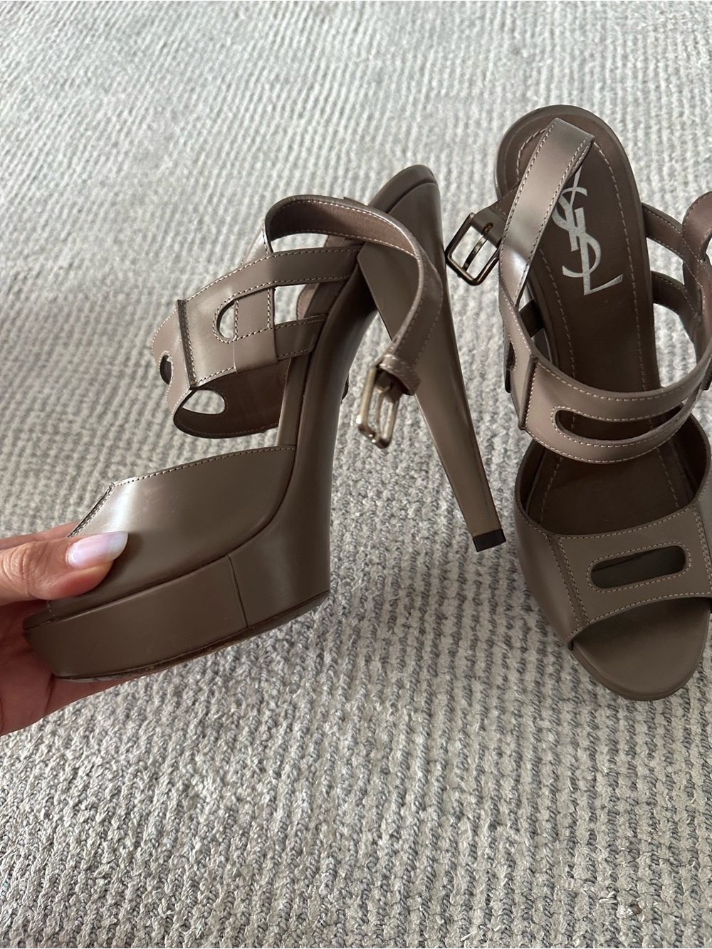 Saint Laurent Brown Leather Cutout Strappy Heels - Picture 3 of 5